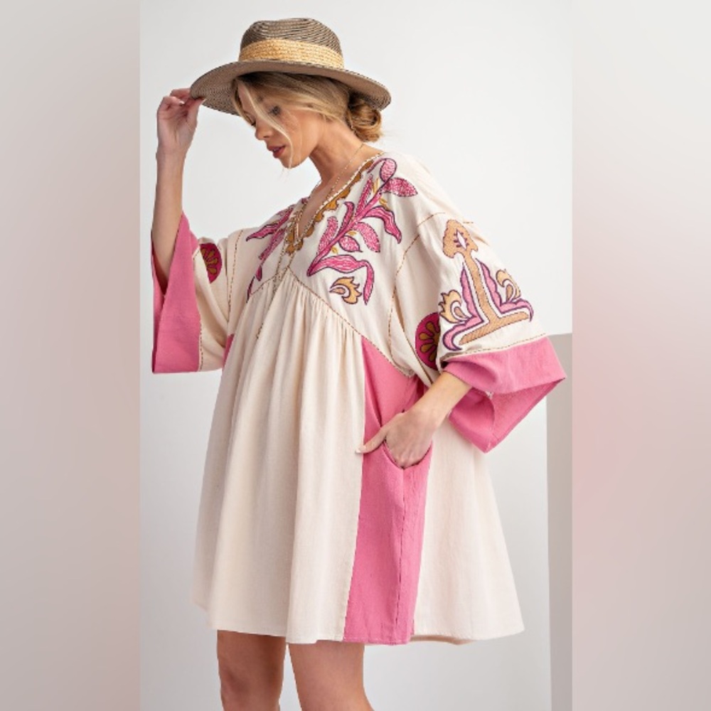 NWT Easel Midi Dress floral Embroidered Cotton Woven pink cream